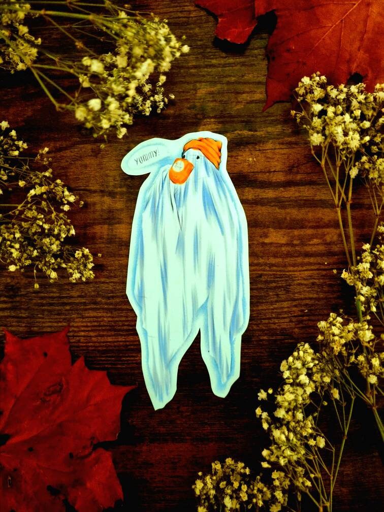 Halloween, sad ghost, bedsheet ghost, cute, illustration, full colour artprints & ecofriendly, waterproof glossy artist sticker, magnets.