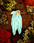 Halloween, sad ghost, bedsheet ghost, cute, illustration, full colour artprints & ecofriendly, waterproof glossy artist sticker, magnets.