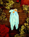 Halloween, sad ghost, bedsheet ghost, cute, illustration, full colour artprints & ecofriendly, waterproof glossy artist sticker, magnets.