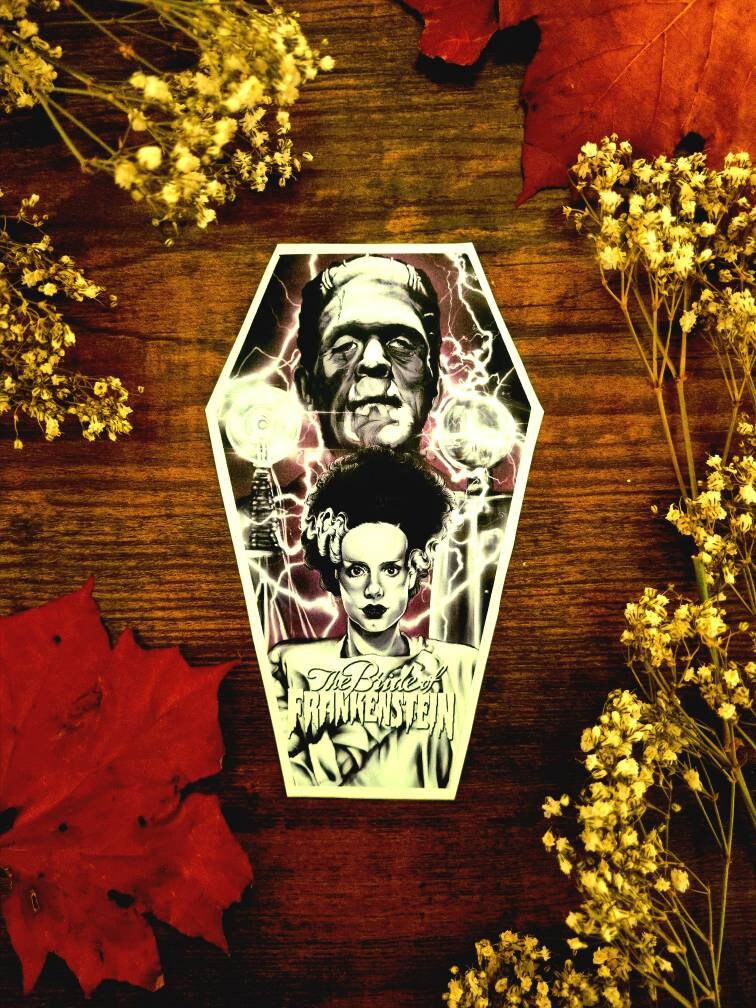Bride of Frankenstein, horror, spooky, beautiful, hand digitally illustrated waterproof, glossy vinyl sticker.