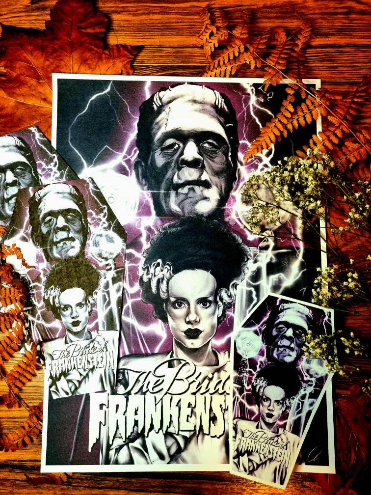 Bride of Frankenstein, horror, spooky, beautiful, hand digitally illustrated waterproof, glossy vinyl sticker.