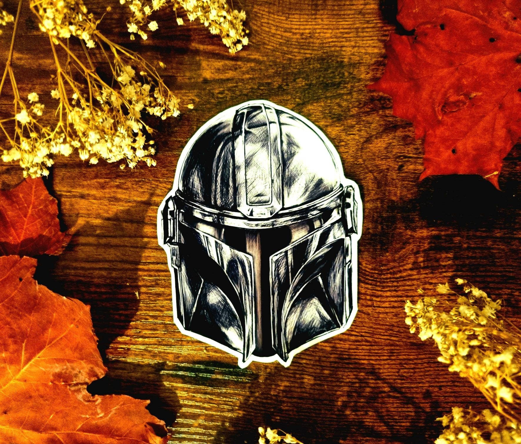 Starwars, the mandalorian, mandalorian helmet, mando, inspired artist illustration, beautiful, vinyl gloss sticker. May 4th
