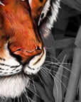 Beautiful exotic detailed Bengal Tiger illustration hand digitally drawn art print wall art. Pop of single colour or green leaves art decor.