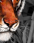 Beautiful exotic detailed Bengal Tiger illustration hand digitally drawn art print wall art. Pop of single colour or green leaves art decor.