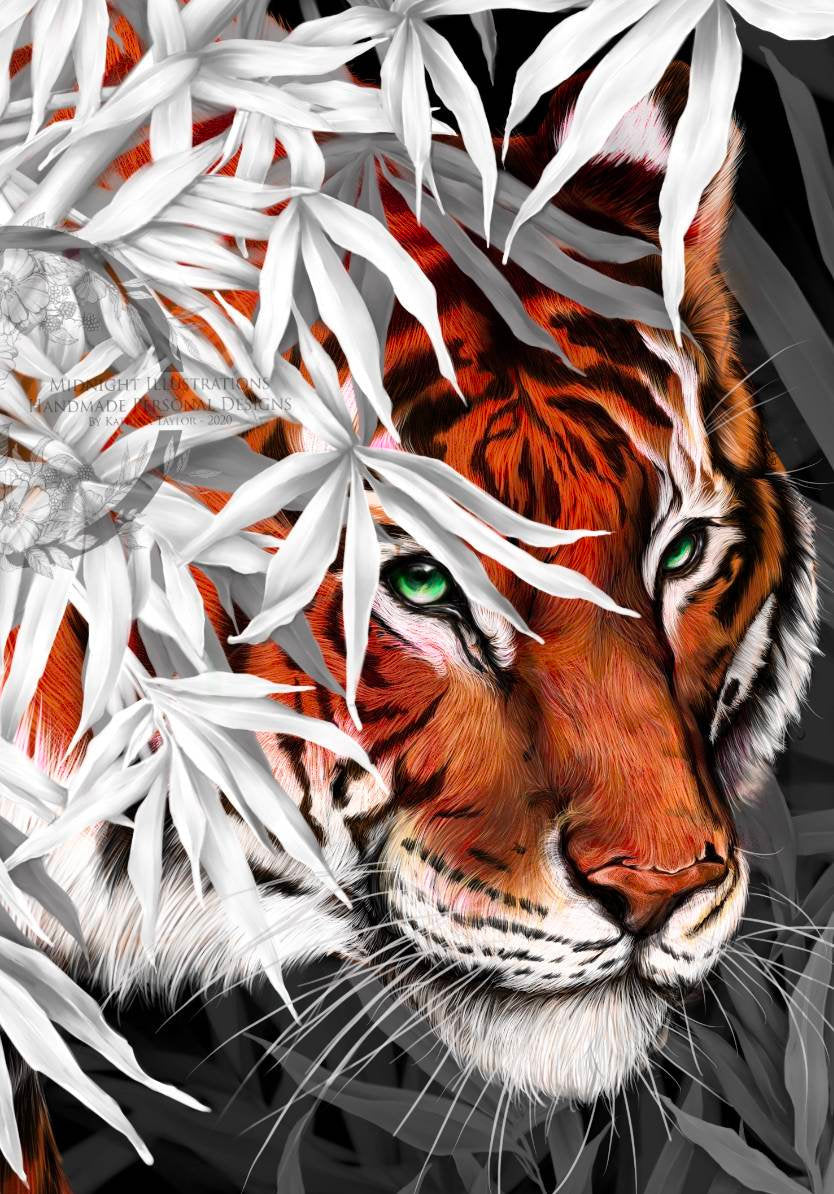 Beautiful exotic detailed Bengal Tiger illustration hand digitally drawn art print wall art. Pop of single colour or green leaves art decor.