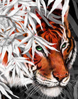 Beautiful exotic detailed Bengal Tiger illustration hand digitally drawn art print wall art. Pop of single colour or green leaves art decor.