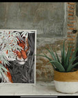 Beautiful exotic detailed Bengal Tiger illustration hand digitally drawn art print wall art. Pop of single colour or green leaves art decor.