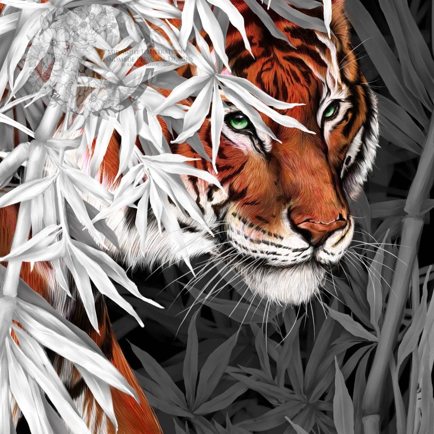 Beautiful exotic detailed Bengal Tiger illustration hand digitally drawn art print wall art. Pop of single colour or green leaves art decor.