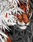 Beautiful exotic detailed Bengal Tiger illustration hand digitally drawn art print wall art. Pop of single colour or green leaves art decor.