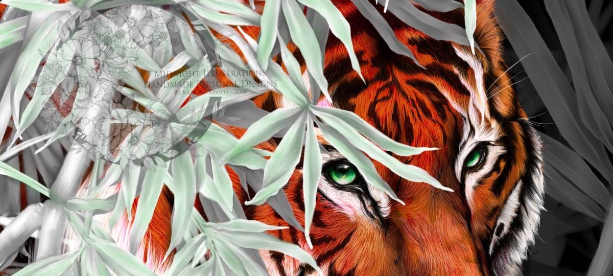 Beautiful exotic detailed Bengal Tiger illustration hand digitally drawn art print wall art. Pop of single colour or green leaves art decor.