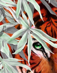 Beautiful exotic detailed Bengal Tiger illustration hand digitally drawn art print wall art. Pop of single colour or green leaves art decor.