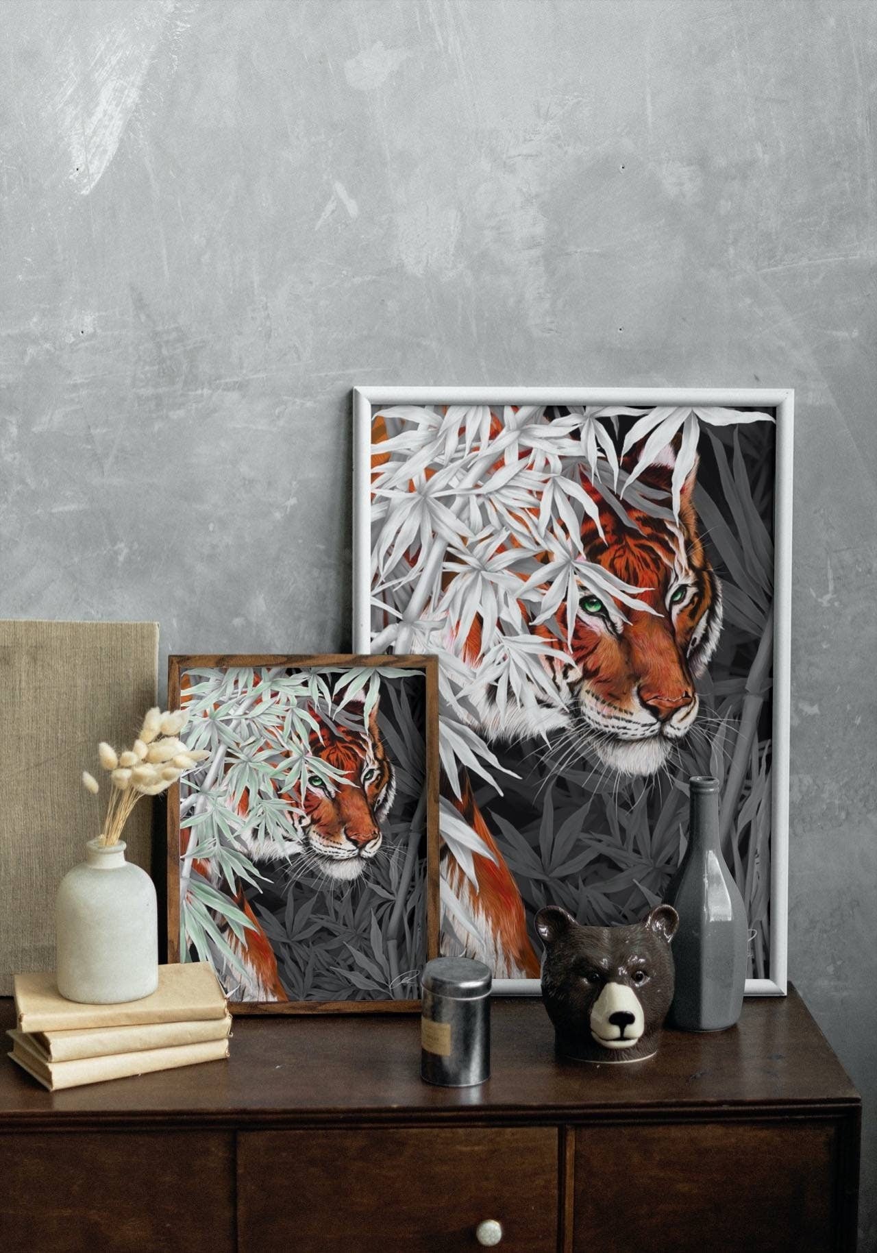 Beautiful exotic detailed Bengal Tiger illustration hand digitally drawn art print wall art. Pop of single colour or green leaves art decor.