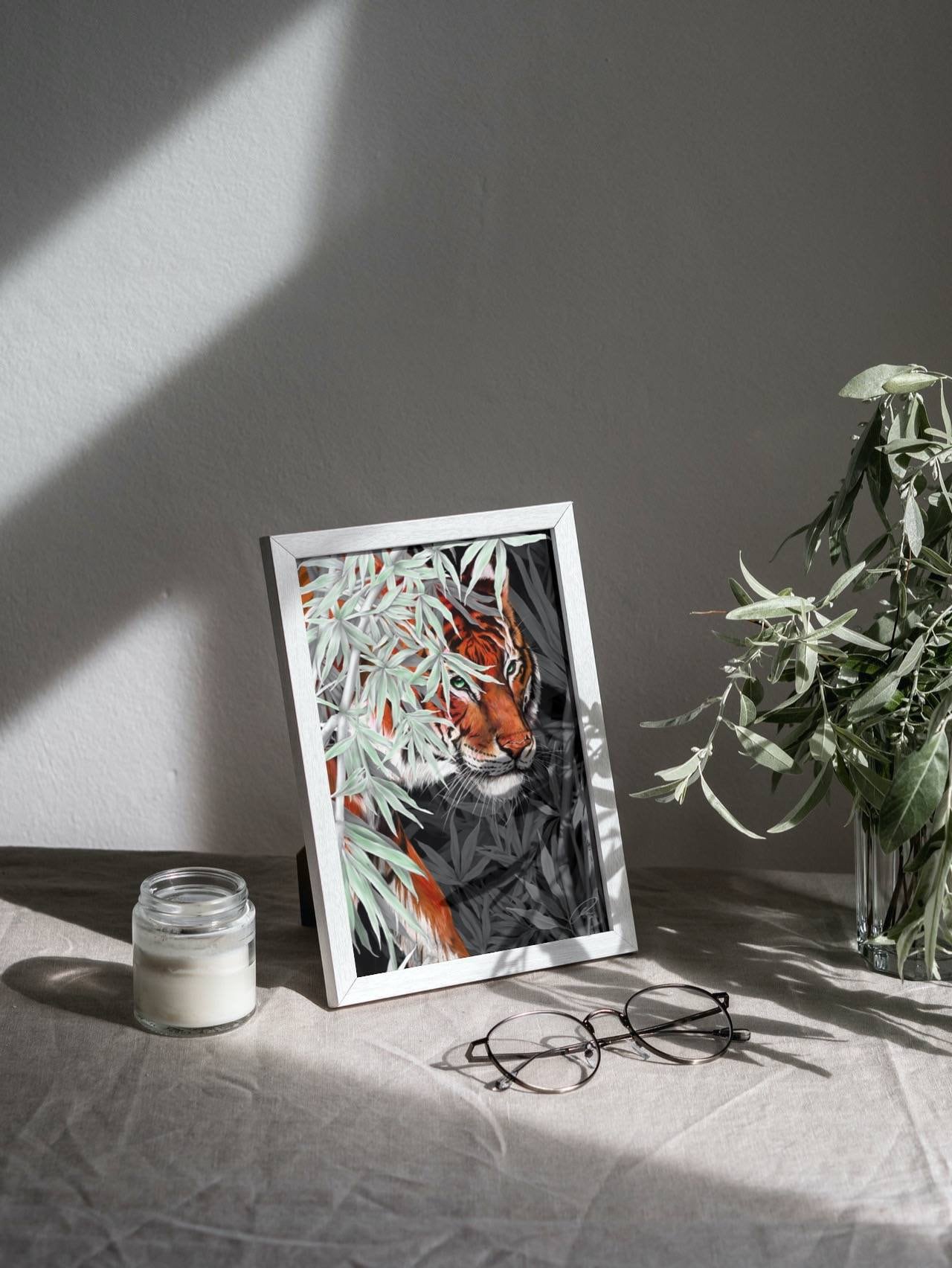 Beautiful exotic detailed Bengal Tiger illustration hand digitally drawn art print wall art. Pop of single colour or green leaves art decor.