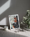 Beautiful exotic detailed Bengal Tiger illustration hand digitally drawn art print wall art. Pop of single colour or green leaves art decor.