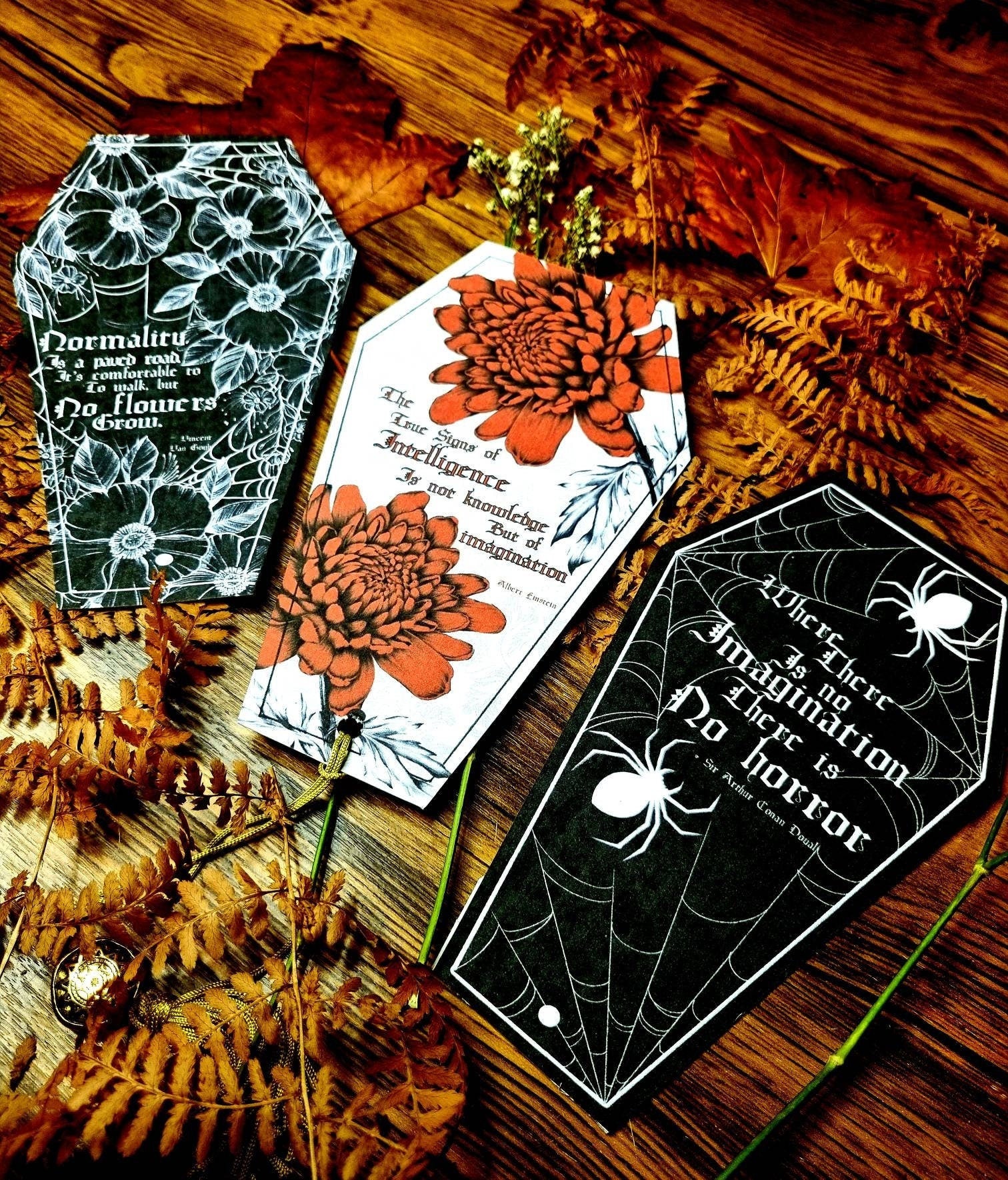 Horror| gothic| historical quotes | coffin shaped |eco-friendly | Floral | original art illustrated | Dark academia bookmarks | Witchcore