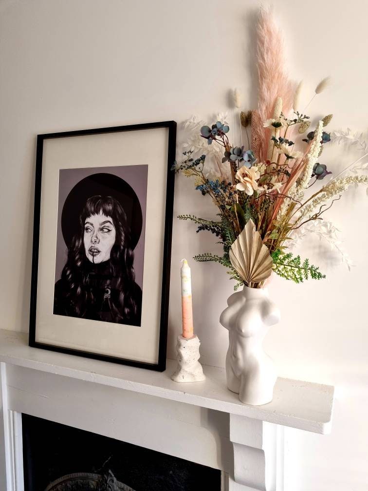 Black and white, editorial woman portrait, Art/ gallery print,Digital drawn ecofriendly illustration.