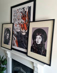 Black and white, editorial woman portrait, Art/ gallery print,Digital drawn ecofriendly illustration.