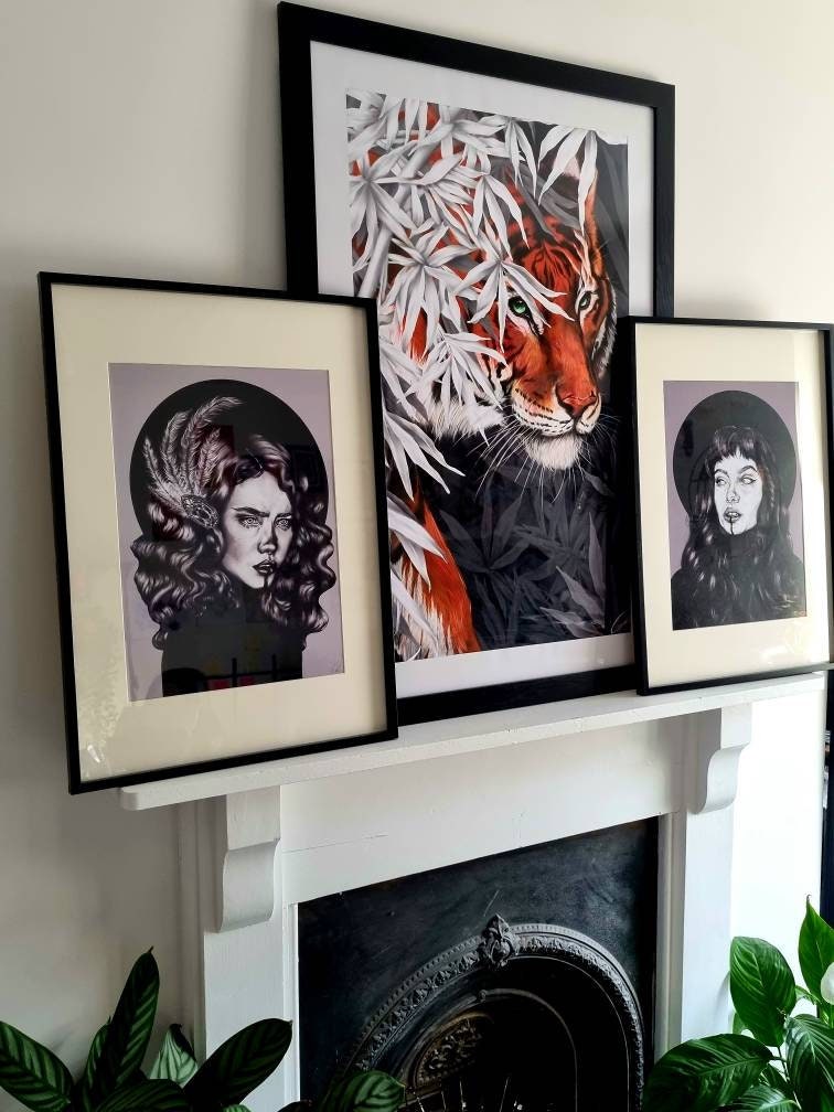 Black and White female art nouveau portrait Art/ Gallery print, home/wall decor. Eco-friendly, hand-drawn illustration.