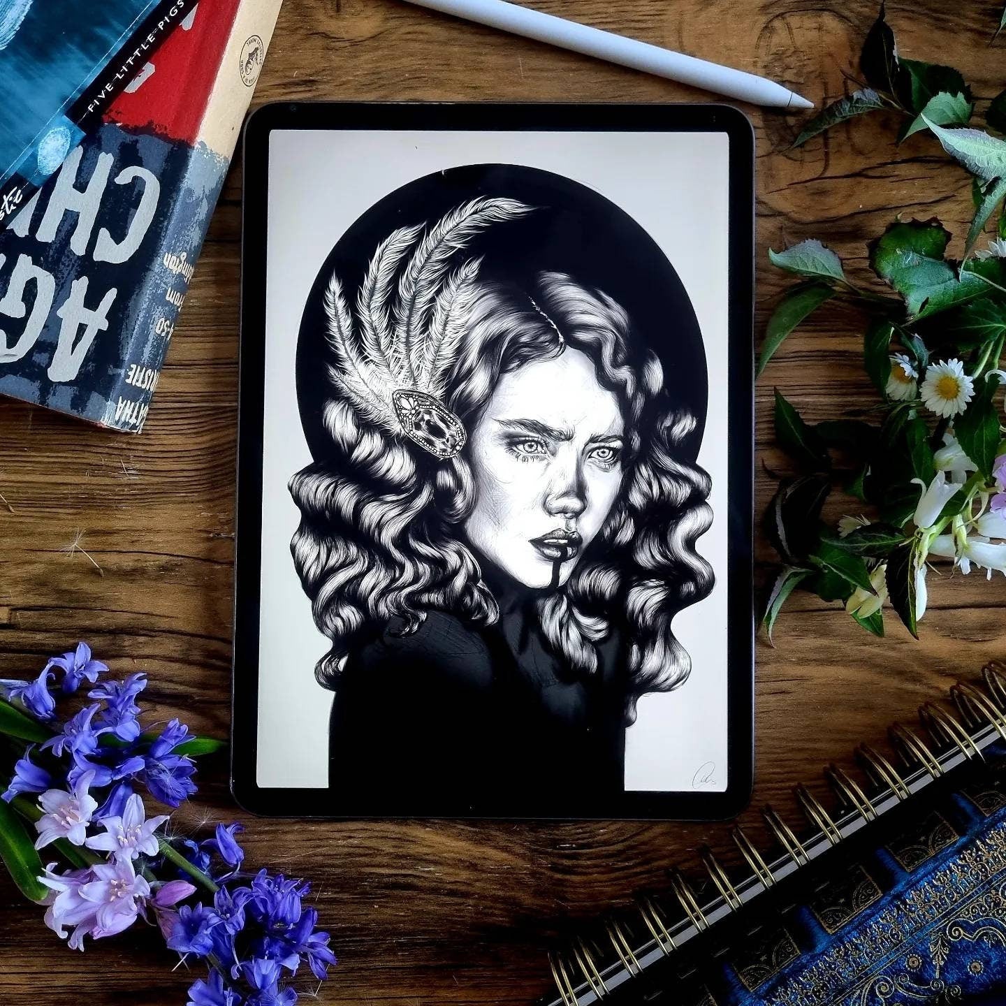 Black and White female art nouveau portrait Art/ Gallery print, home/wall decor. Eco-friendly, hand-drawn illustration.