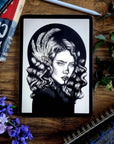 Black and White female art nouveau portrait Art/ Gallery print, home/wall decor. Eco-friendly, hand-drawn illustration.