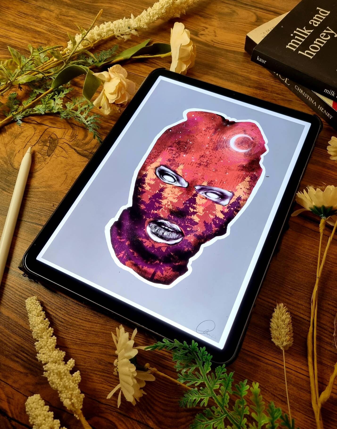 Black and white and purple and orange colour, galaxy ski mask, fall, winter Art/ gallery print, digital-drawn eco friendly illustration.