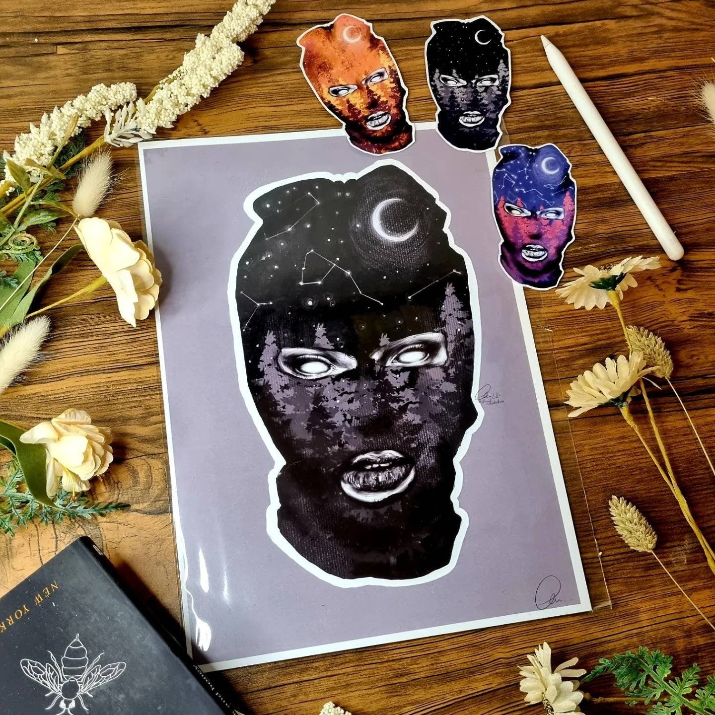 Black and white and purple and orange colour, galaxy ski mask, fall, winter Art/ gallery print, digital-drawn eco friendly illustration.