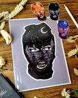 Black and white and purple and orange colour, galaxy ski mask, fall, winter Art/ gallery print, digital-drawn eco friendly illustration.