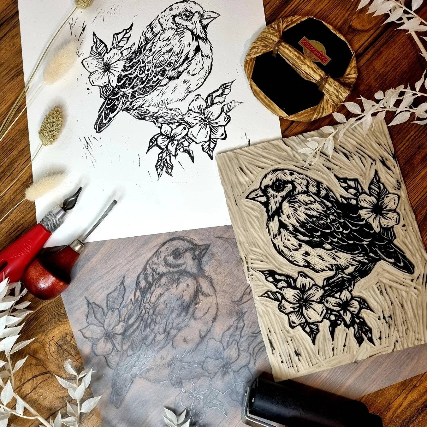 Hand-CUT & designed art lino bird print.