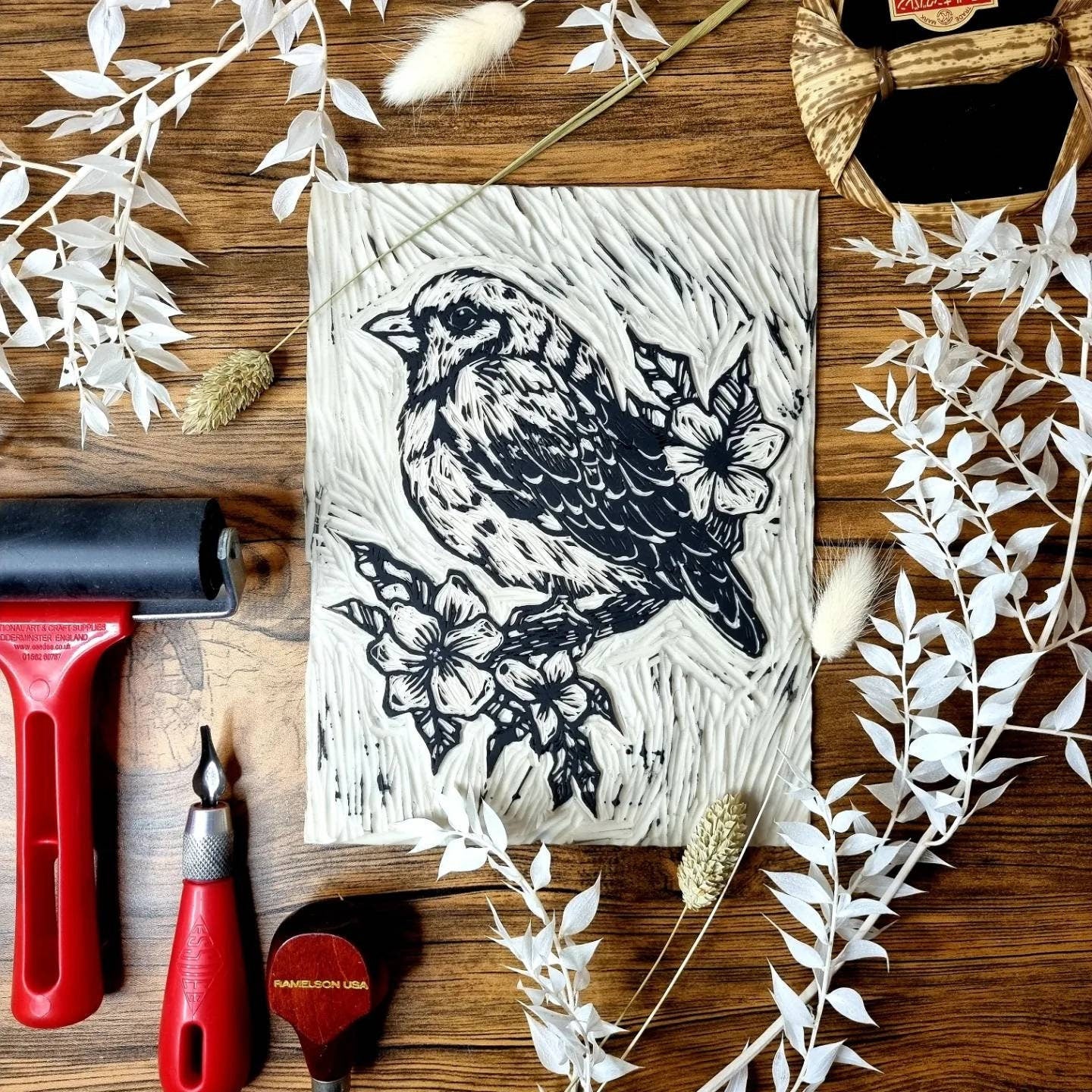 Hand-CUT & designed art lino bird print.