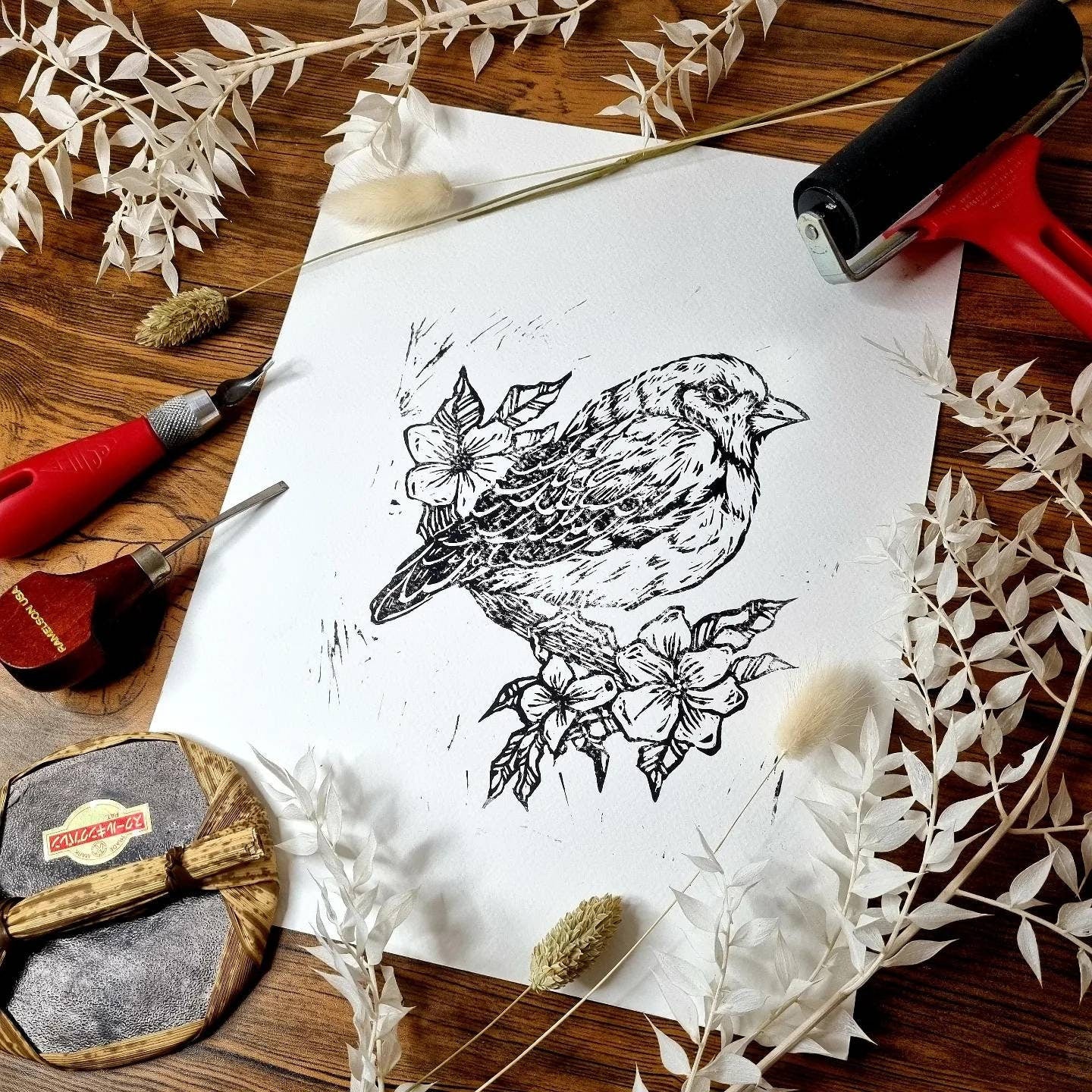 Hand-CUT & designed art lino bird print.