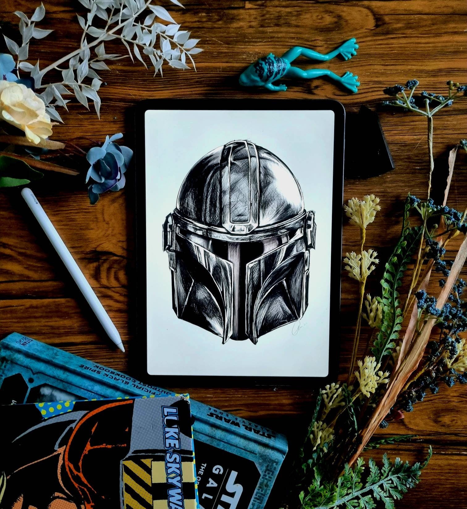 Mandalorian, Star Wars inspired. helmet, digital-drawn illustration, art print, ecofriendly wall art.