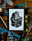 Mandalorian, Star Wars inspired. helmet, digital-drawn illustration, art print, ecofriendly wall art.