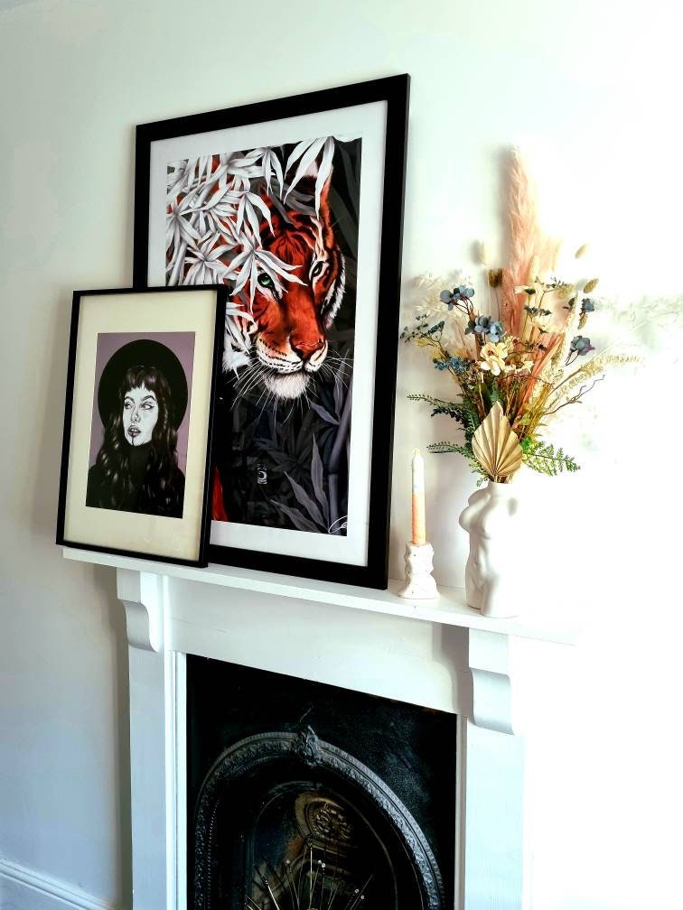 Beautiful exotic detailed Bengal Tiger illustration hand digitally drawn art print wall art. Pop of single colour or green leaves art decor.