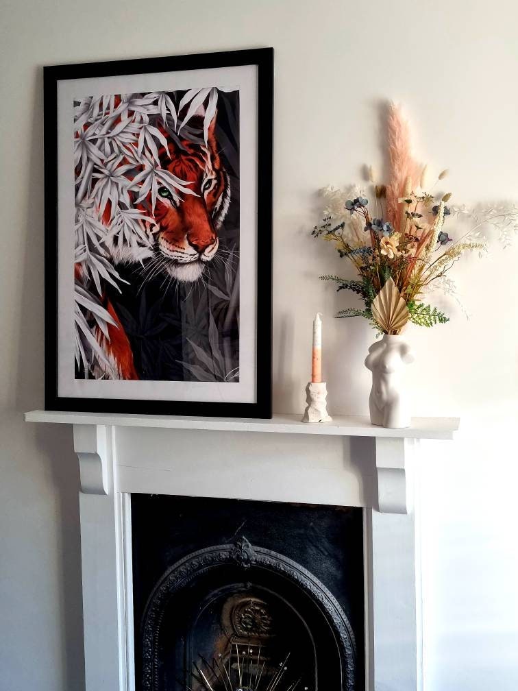 Beautiful exotic detailed Bengal Tiger illustration hand digitally drawn art print wall art. Pop of single colour or green leaves art decor.