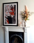 Beautiful exotic detailed Bengal Tiger illustration hand digitally drawn art print wall art. Pop of single colour or green leaves art decor.