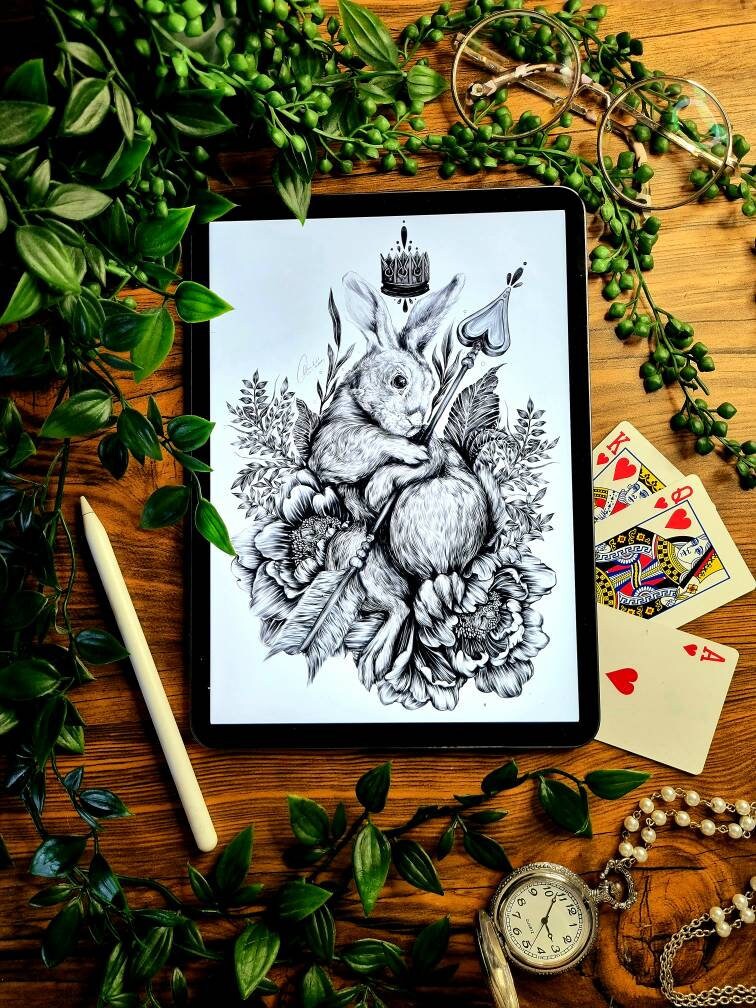 Dramatic | editorial |art| beautiful digital hand-drawn | art print| Wall art | gothic art | original |unique |dark art| Rabbit| home decor