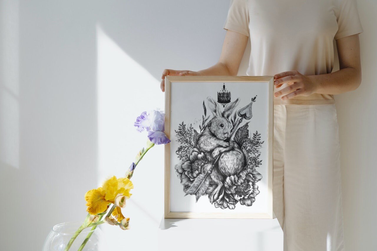 Dramatic | editorial |art| beautiful digital hand-drawn | art print| Wall art | gothic art | original |unique |dark art| Rabbit| home decor