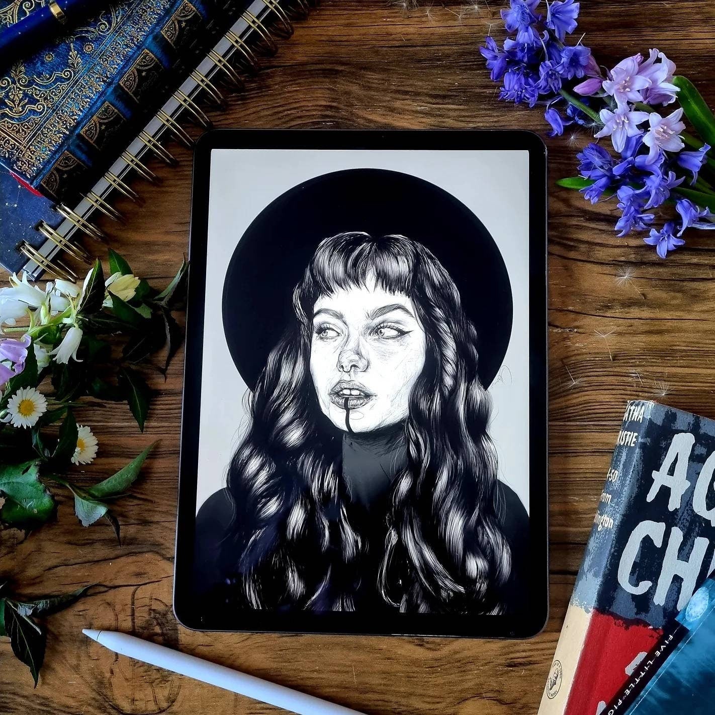 Black and white, editorial woman portrait, Art/ gallery print,Digital drawn ecofriendly illustration.