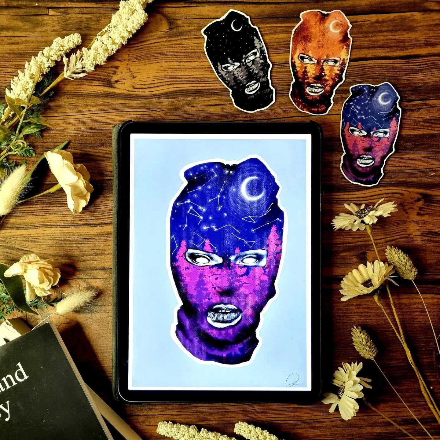 Black and white and purple and orange colour, galaxy ski mask, fall, winter Art/ gallery print, digital-drawn eco friendly illustration.