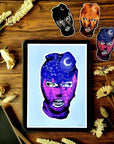 Black and white and purple and orange colour, galaxy ski mask, fall, winter Art/ gallery print, digital-drawn eco friendly illustration.