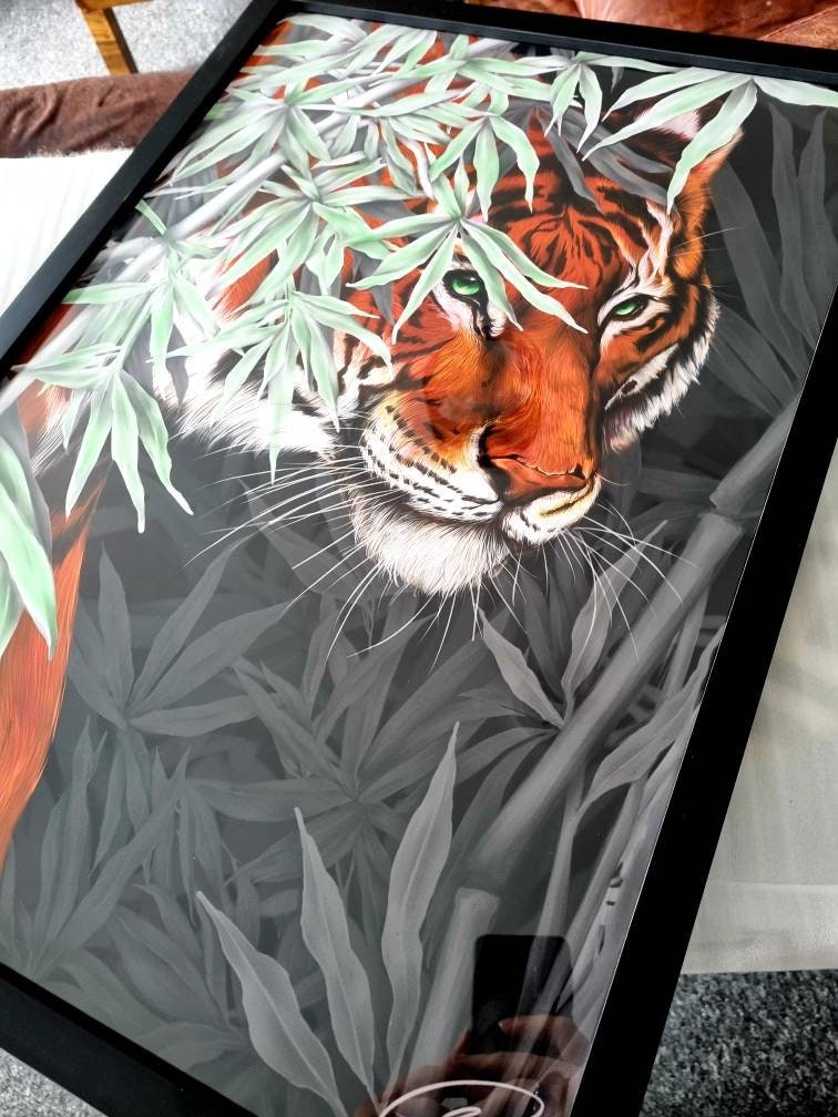 Beautiful exotic detailed Bengal Tiger illustration hand digitally drawn art print wall art. Pop of single colour or green leaves art decor.