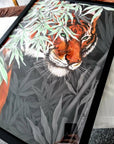 Beautiful exotic detailed Bengal Tiger illustration hand digitally drawn art print wall art. Pop of single colour or green leaves art decor.