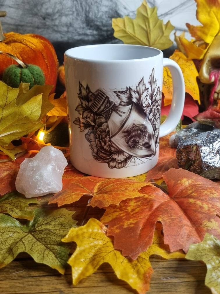 Halloween, spooky, magic, position bottle, witch, eco-friendly handmade ceramic mug with 100% unique illustrated art design