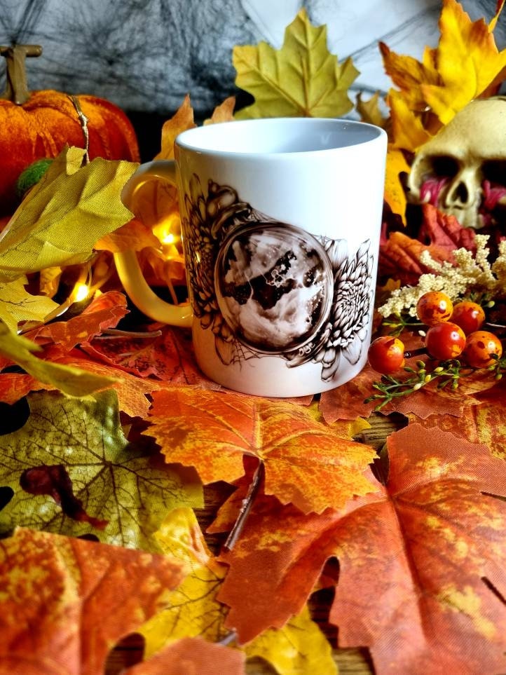 Halloween, spooky, magic, position bottle, witch, eco-friendly handmade ceramic mug with 100% unique illustrated art design