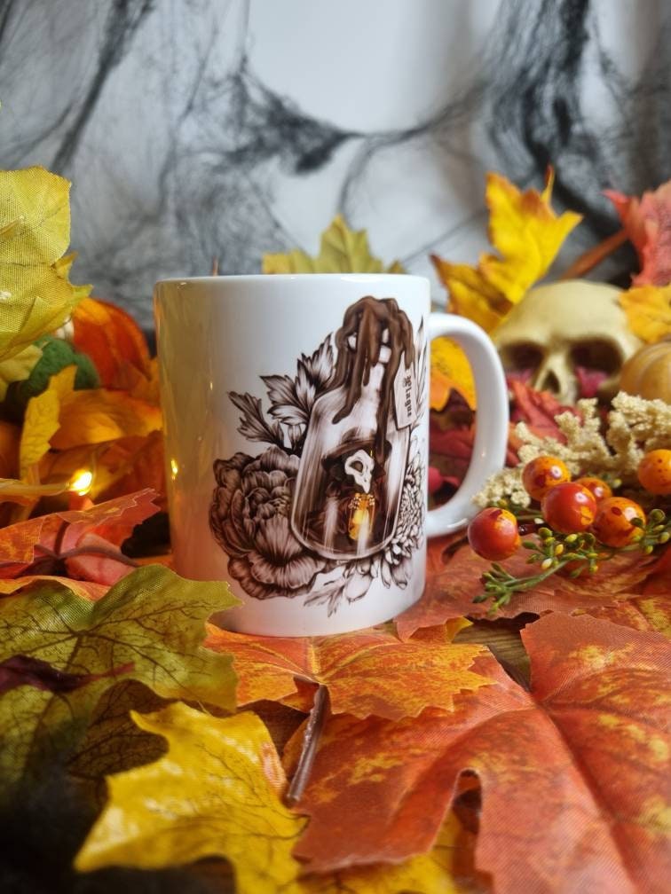 Halloween, spooky, magic, position bottle, witch, eco-friendly handmade ceramic mug with 100% unique illustrated art design