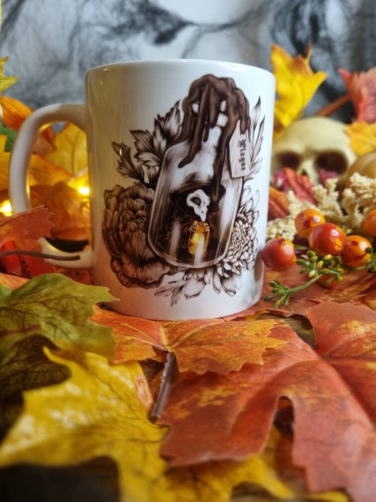 Halloween, spooky, magic, position bottle, witch, eco-friendly handmade ceramic mug with 100% unique illustrated art design