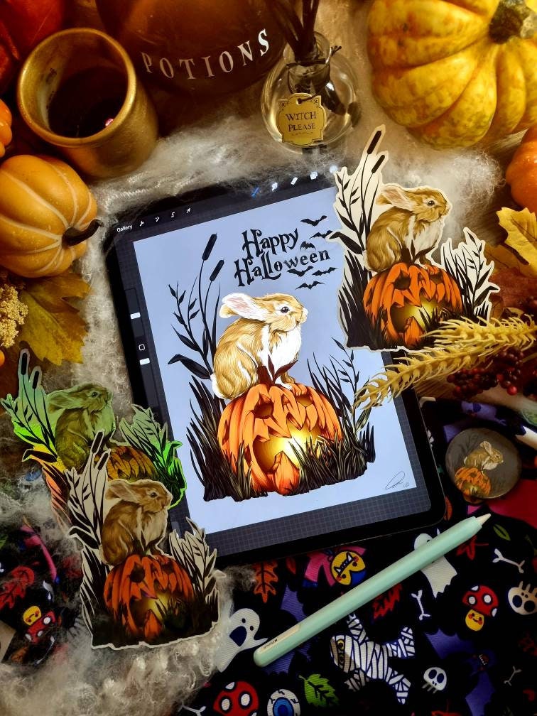 Halloween, spooky, rabbit fun, cool, one of a kind, unusual, illustration refrigerator magnets With gloss, holographic or shiney options