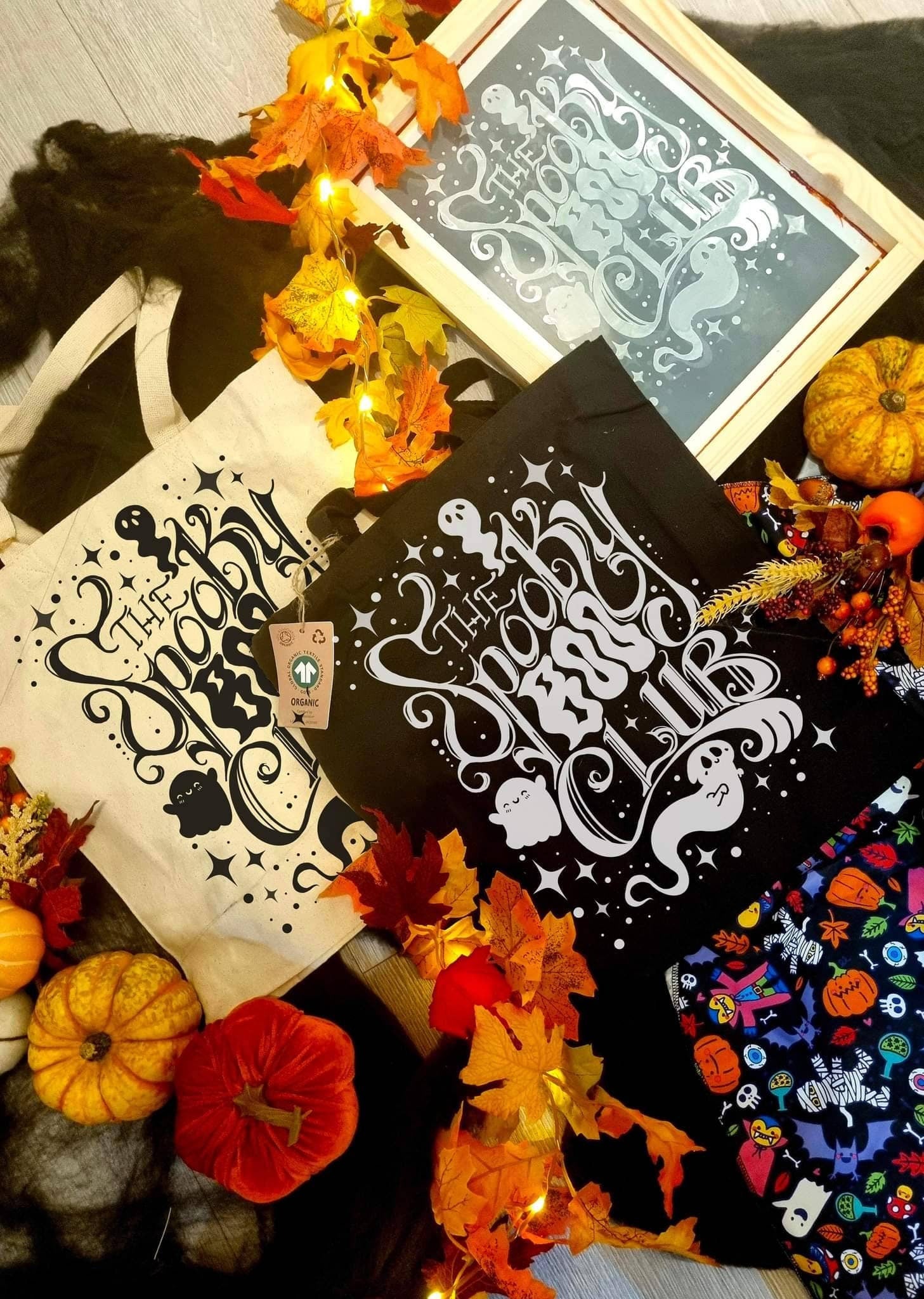 Halloween, ghost, spooky boo club, sad ghost, one of a kind, handpressed ecofriendly, organic, fairtrade totebag, glow in the dark