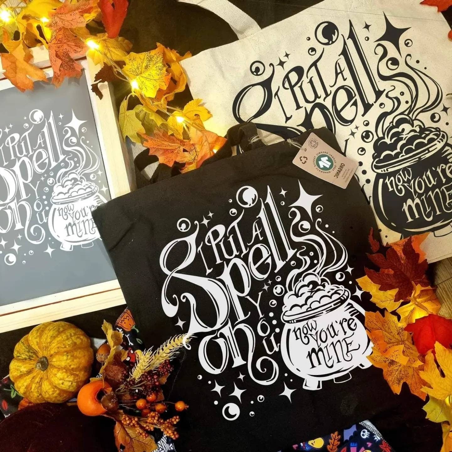 I put a spell on you, coldran, witch, hocus pocus, handmade eco-friendly, organic, farmer friendly, art tote bag, glow in the dark.