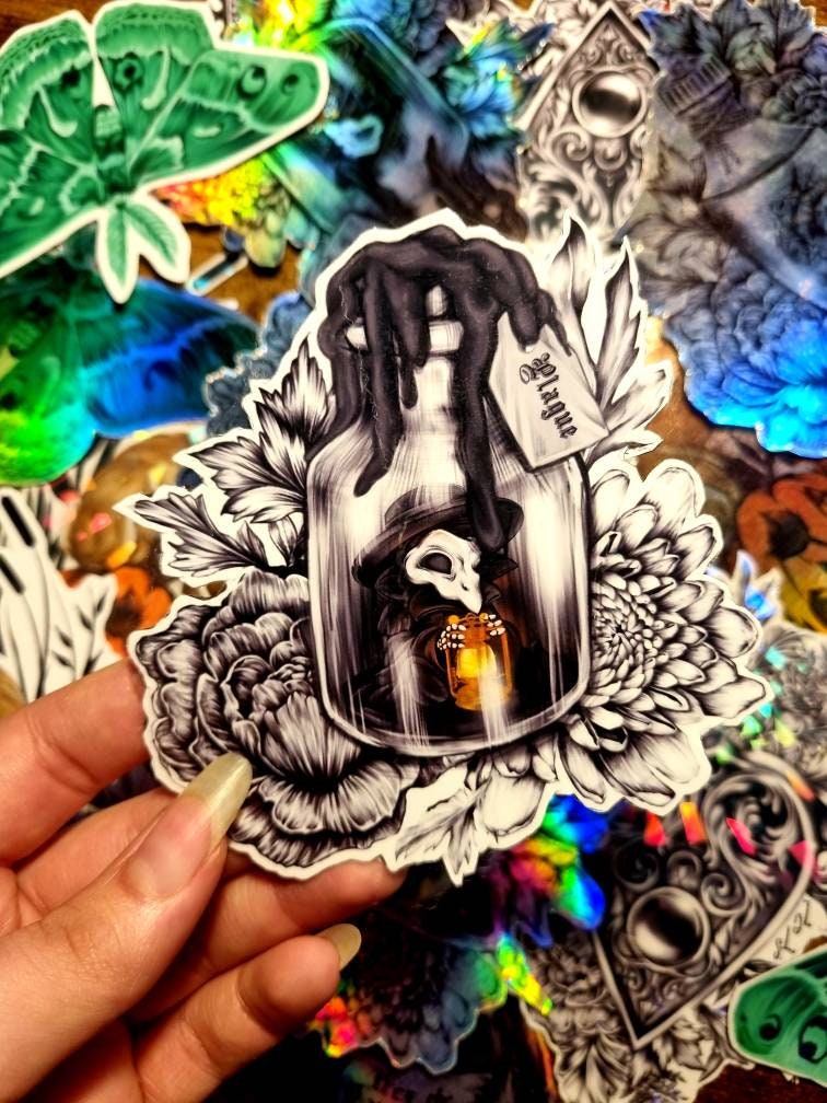 Magical, witchy, potion bottles, hex the patriarchy, storms, moon, heart, plauge, cute, cartoon, art, illustrated gloss,holographic, magnet